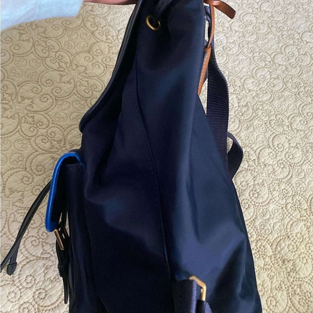 Tory Burch Navy Backpack with Tan Top Handle and Blue Trim